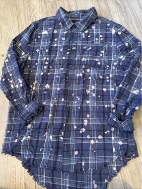 Jaywalker Men's Blue Bleach-Splatter Plaid Cotton Shirt Size XXL